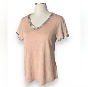 FLORA ASHLEY LINEN Blend V Neck Top Metallic
